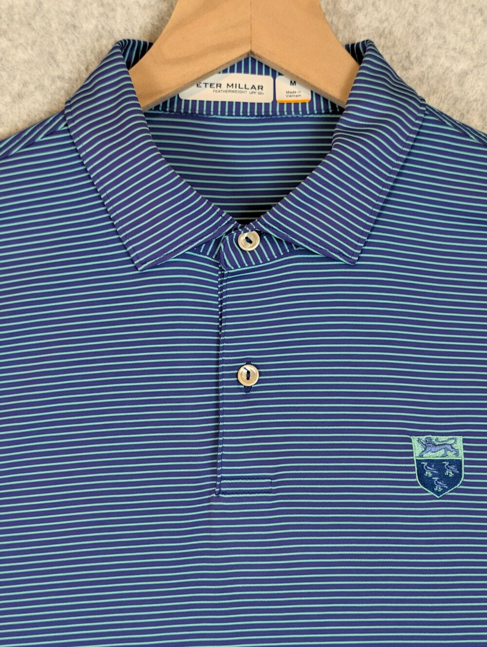 Peter Millar Featherweight Golf Polo Mens Medium Purple Aqua Stripe UPF 50 Shirt